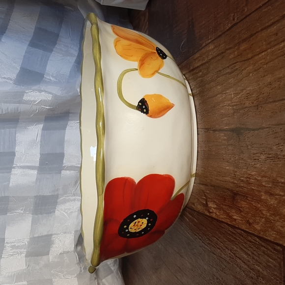 Clay Art 10.5" Round Salad Bowl Poppies Red Yellow Orange Flowers Green Trim ☆ - Picture 1 of 7